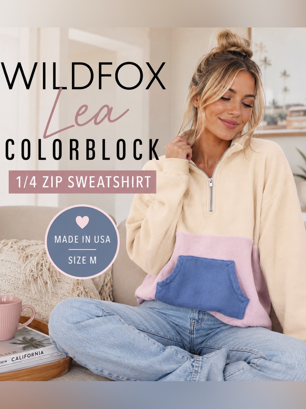 Wildfox Lea Colorblock 1/4 Zip Sherpa Sweatshirt M Cream Pink Blue USA